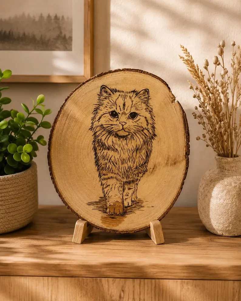 Portrait de chat pyrogravé à la main sur une tranche de bois