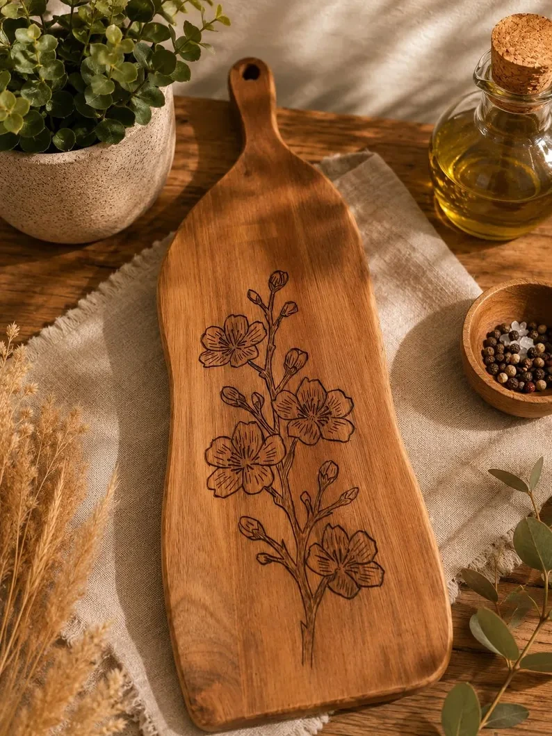 Planche à découper en bois décorée d'une pyrogravure florale