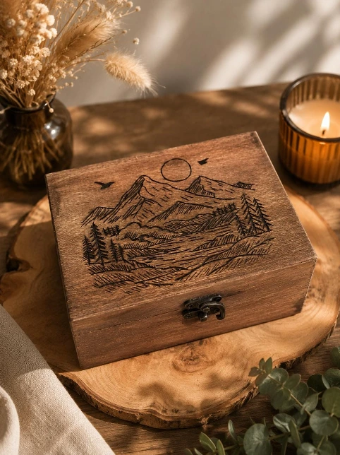 Coffret en bois personnalisé avec un paysage pyrogravé
