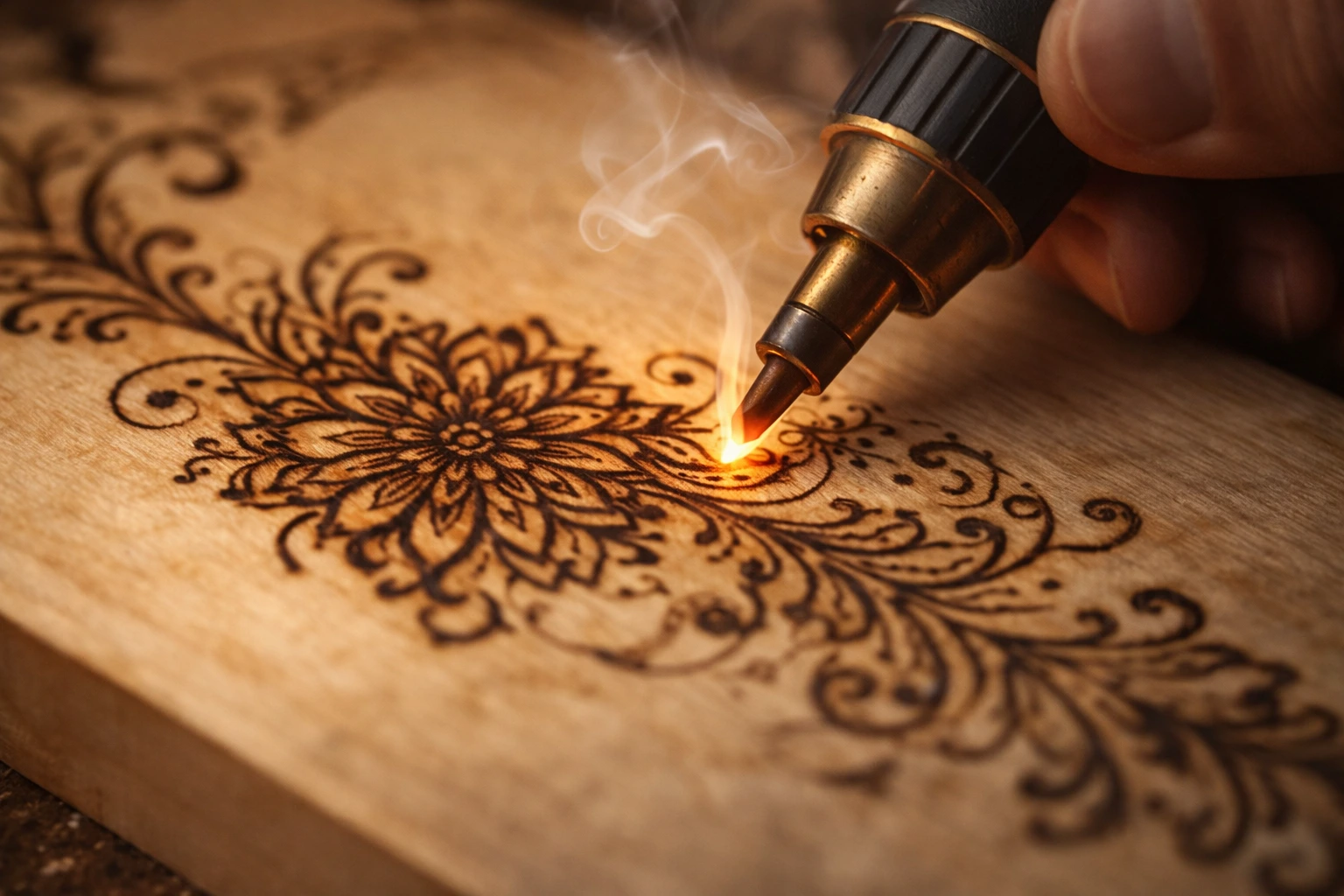 Réalisation d'un motif pyrogravé à la main sur du bois